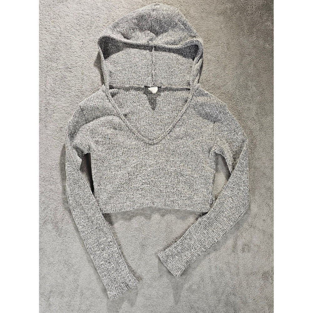 Fashion Nova Womens Medium Gray Marl Ribbed Knit Cropped V-Neck Hoodie Sweater